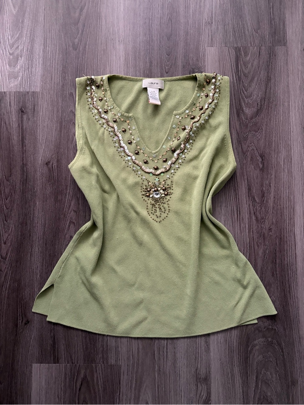 Vintage Laura Beaded V-Neck Tank Top - Sage Green